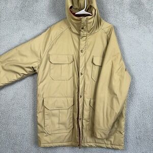 Vintage Woolrich Mens Large Jacket Timber Parka Tan Hooded Flap Pocket USA Made